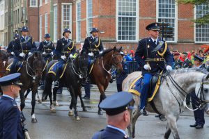 The Hague, Netherlands - September 15, 2015: mounted brigade of the Royal Netherlands Marechaussee on Lange Voorhout during Prinsjesdag, the day on which King Willem-Alexander addresses a joint session of the Dutch Senate and House of Representatives in the Knights' Hall. The Speech from the Throne sets out the main features of government policy for the coming parliamentary session.