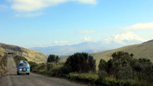Cayambe National Park, Ecuador, November, 8th, 2015, 41 year old VW-BUS driving through Paramo vegetation above 4000 m altitude in Ecuador, South America
