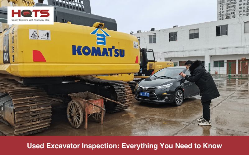 Inspektion eines gebrauchten Komatsu-Baggers auf einem Testgelände.