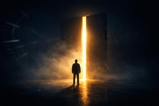 Silhouette einer Person vor einer schmal geöffneten, hell leuchtenden Tür