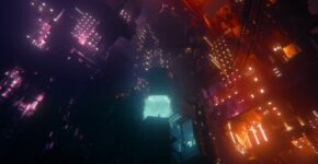 Dunkle futuristische Stadt mit violettem und orangefarbenem Neonlicht