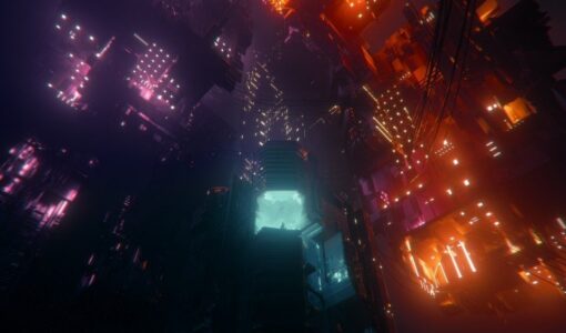 Dunkle futuristische Stadt mit violettem und orangefarbenem Neonlicht